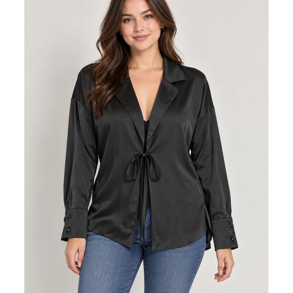 Deepself Women Black Satin Tie Front Long Sleeve Blouse Notched Lapel Top S